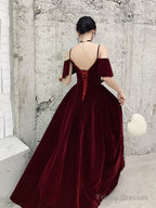 Simple V Neck Velvet Long Prom Dress, Burgundy Formal Evening Dress