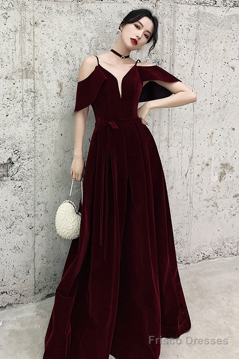 Simple V Neck Velvet Long Prom Dress, Burgundy Formal Evening Dress Main image