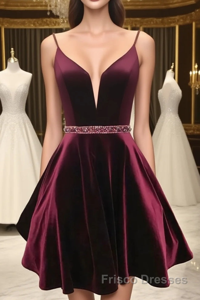 Simple v neck velvet short burgundy Formal Prom Dresses, burgundy homecoming Dresses Main image