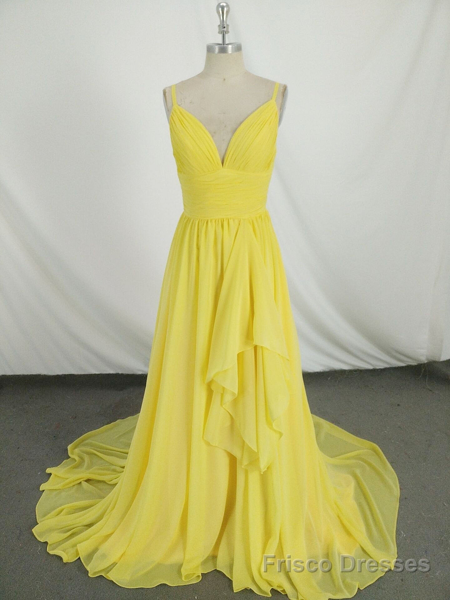 Simple V Neck Yellow Chiffon Long Prom Dress, Yellow Evening Dress Main image