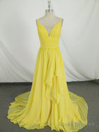 Simple V Neck Yellow Chiffon Long Prom Dress, Yellow Evening Dress