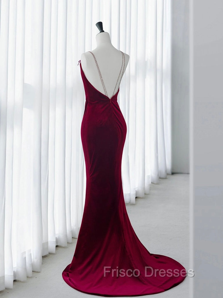 Simple Velvet Mermaid Burgundy Long Formal Prom Dress, Burgundy Long Formal Dress Secondary image