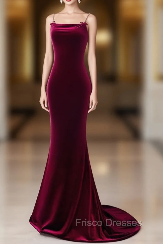 Simple Velvet Mermaid Burgundy Long Formal Prom Dress, Burgundy Long Formal Dress