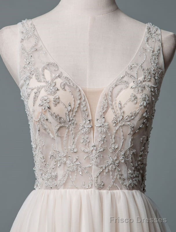 Simple Wedding Dress A Line V Neck Sleeveless Applique Beaded Floor Length Bridal Dresses
