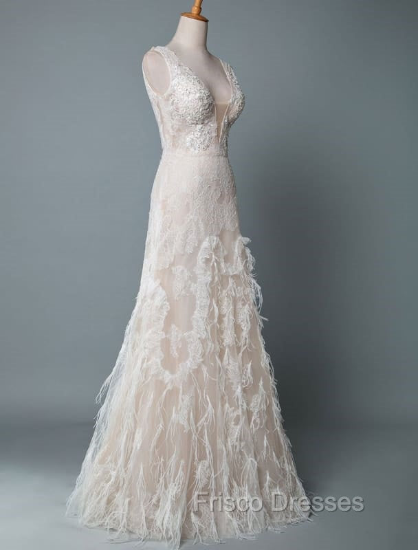 Simple Wedding Dress Lace A Line V Neck Sleeveless Beaded Floor Length Feather Bridal Gowns Secondary image