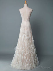 Simple Wedding Dress Lace A Line V Neck Sleeveless Beaded Floor Length Feather Bridal Gowns