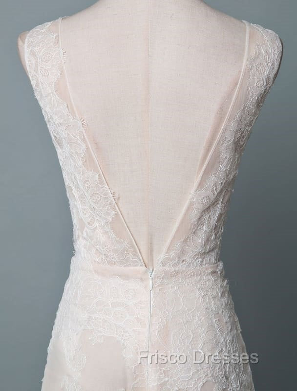 Simple Wedding Dress Lace A Line V Neck Sleeveless Beaded Floor Length Feather Bridal Gowns
