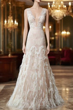 Simple Wedding Dress Lace A Line V Neck Sleeveless Beaded Floor Length Feather Bridal Gowns