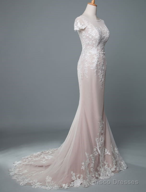 Simple Wedding Dress Mermaid Jewel Neck Short Sleeves Floor Length Customized Lace Bridal Gowns With Train Secondary image