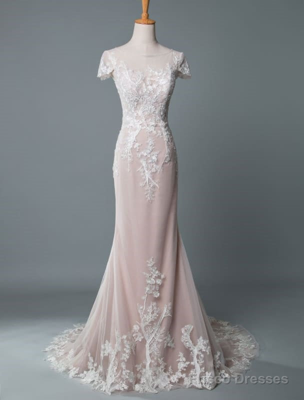 Simple Wedding Dress Mermaid Jewel Neck Short Sleeves Floor Length Customized Lace Bridal Gowns With Train Main image