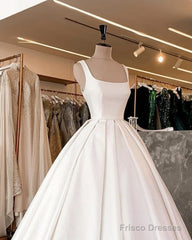 Simple Wedding Dress Satin Square Neckline Straps Ball Gown