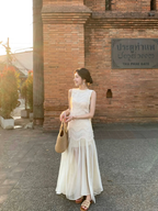Simple A Line Round Neck Light Apricot Lace Chiffon Party Dress Outfits
