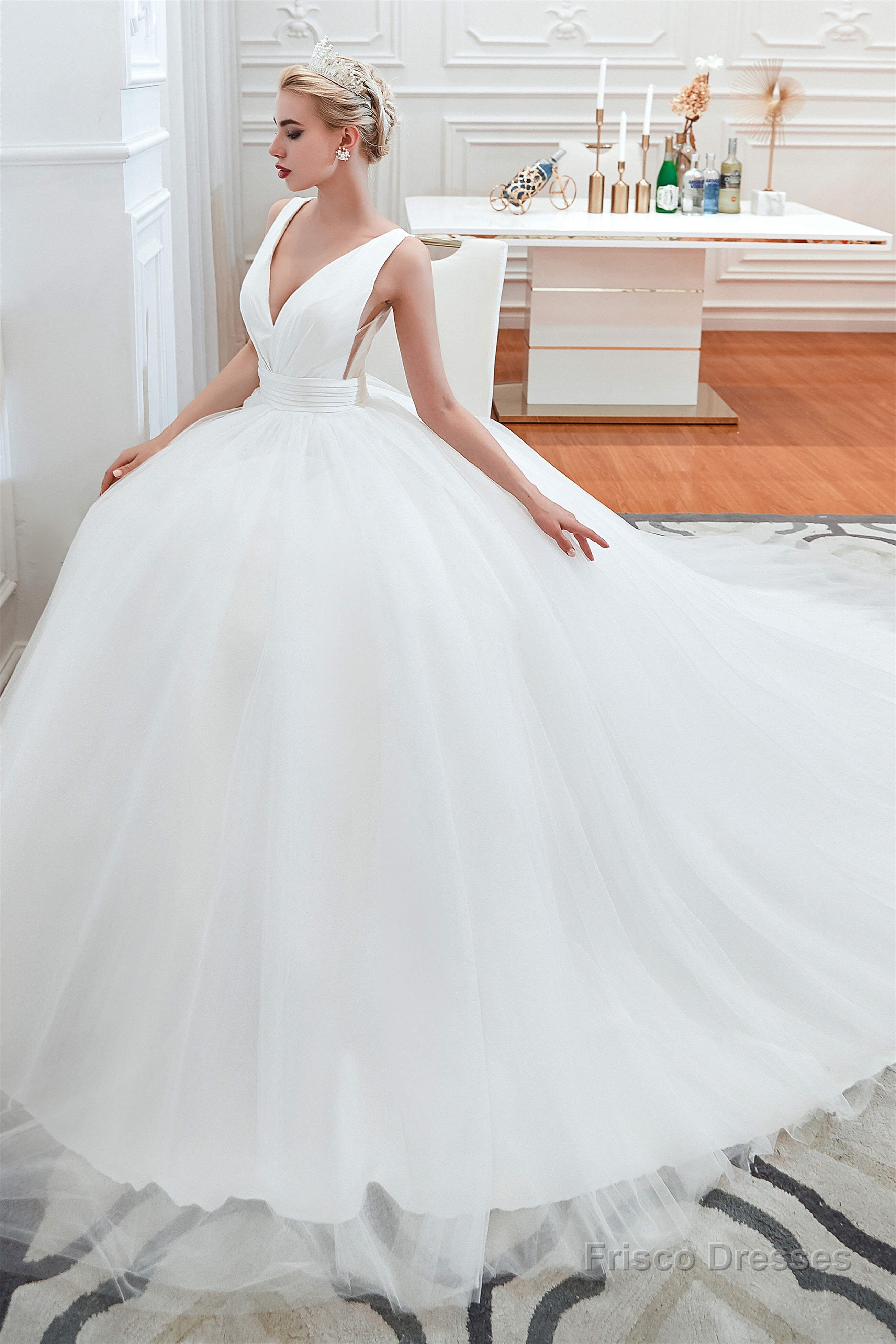 Simple White A Line V Neck Open Back Tulle Wedding Dresses