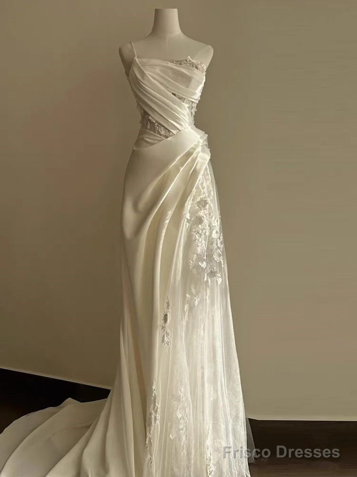 Simple White Mermaid One Shoulder Satin Lace Pleats Wedding Dress