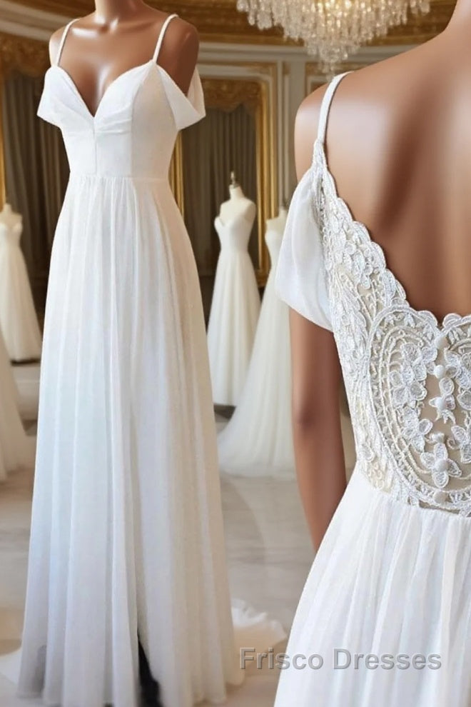 Simple white off shoulder chiffon lace long Formal Prom Dresses evening Dresses Main image