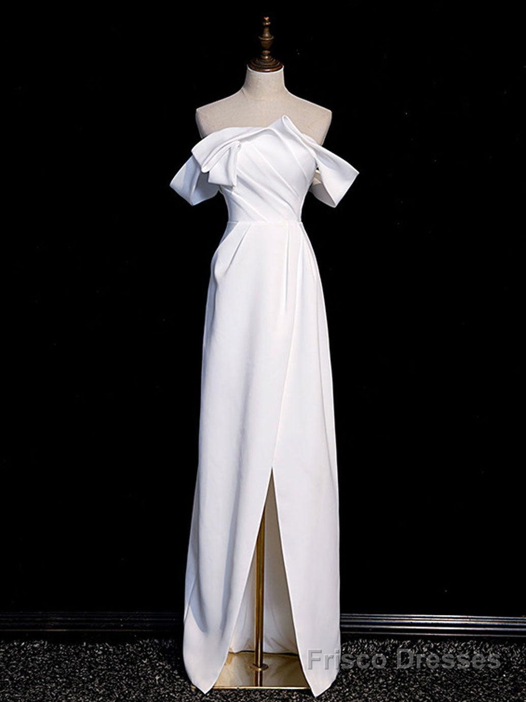 Simple White Off Shoulder Satin Long Prom Dress, White Long Formal Dress Main image