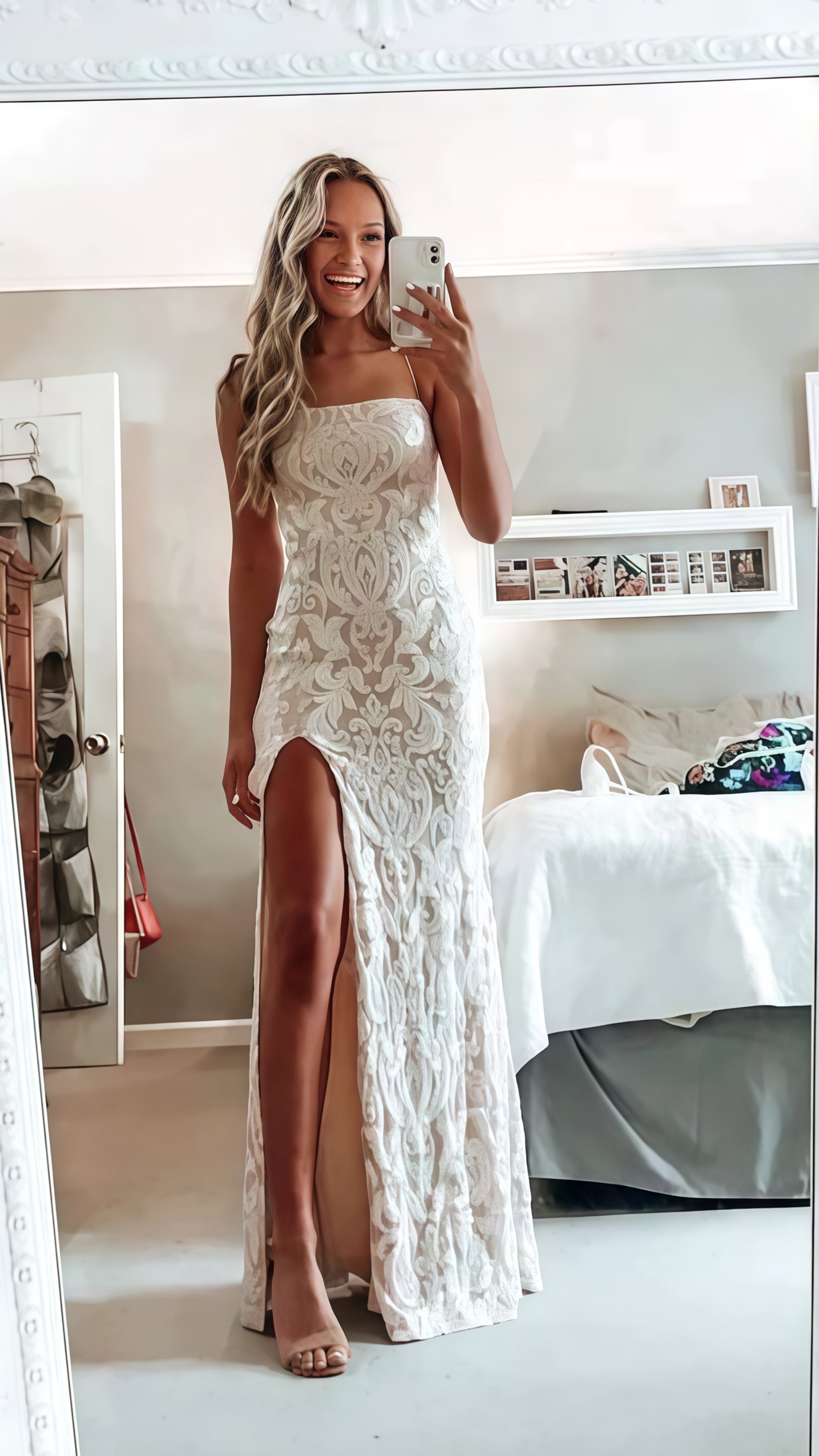 Simple White Prom Dress, Modest Slit Evening Dresses, Lace Wedding Gown Secondary image