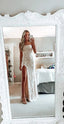 Simple White Prom Dress, Modest Slit Evening Dresses, Lace Wedding Gown