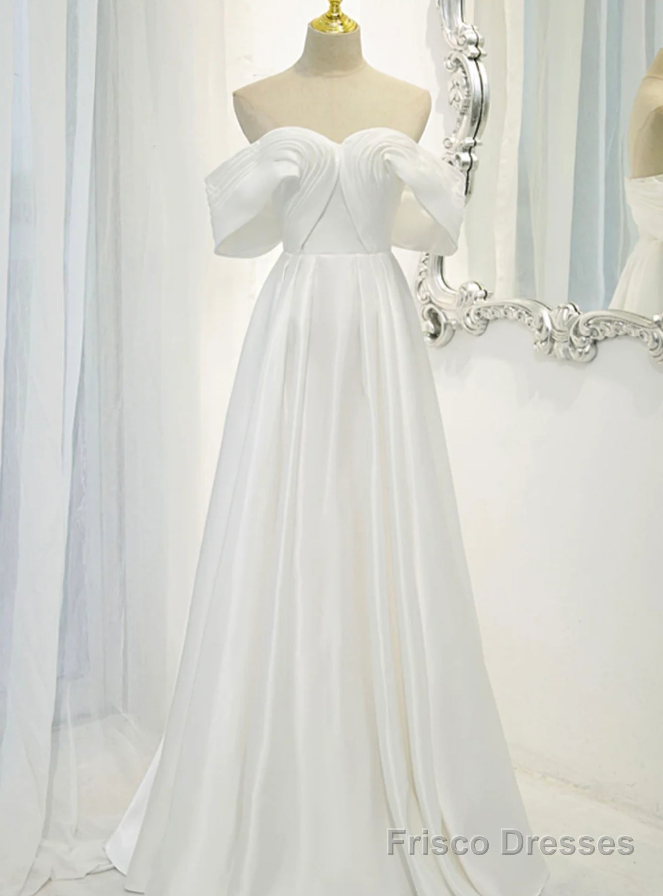 Simple White Satin Off the Shoulder Pleats Wedding Dress Main image