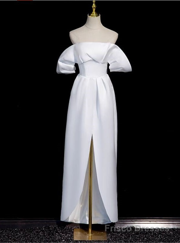 Simple White Satin Off the Shoulder Split Wedding Dress Main image