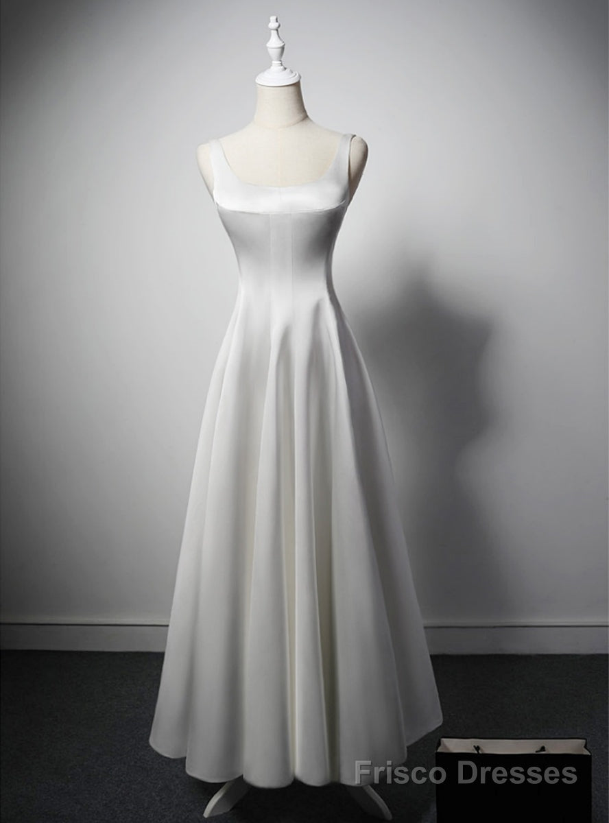 Simple White Satin Straps Ankle Length Wedding Dress Main image