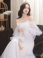 Simple White Tulle Long Prom Dress, White Tulle Formal Dress