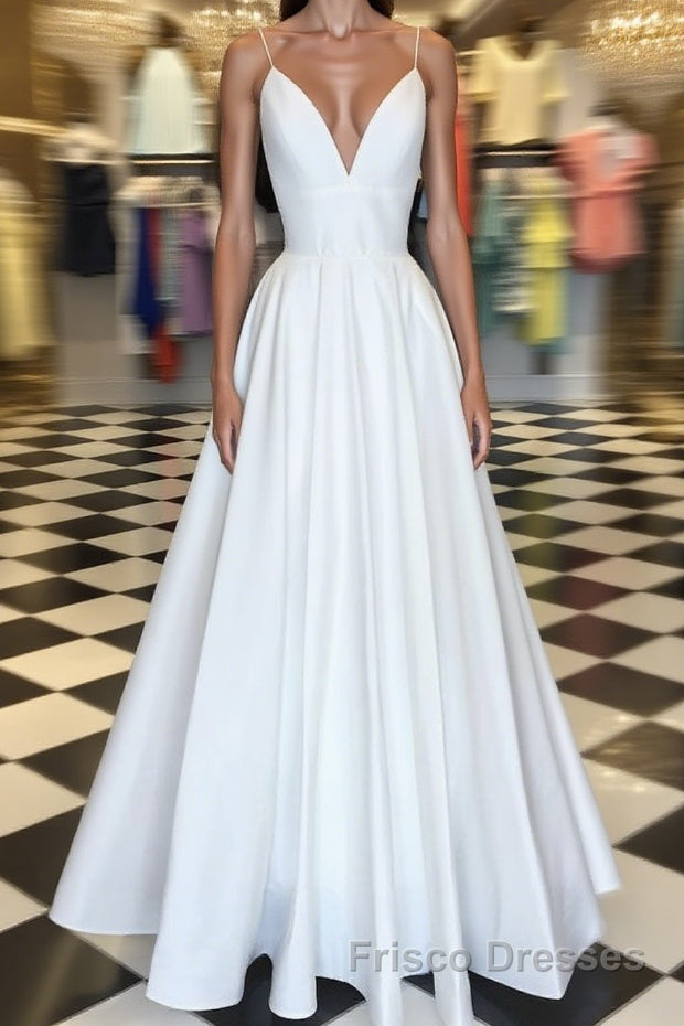 Simple white v neck satin long Formal Prom Dresses white evening Dresses Main image