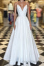 Simple white v neck satin long Formal Prom Dresses white evening Dresses
