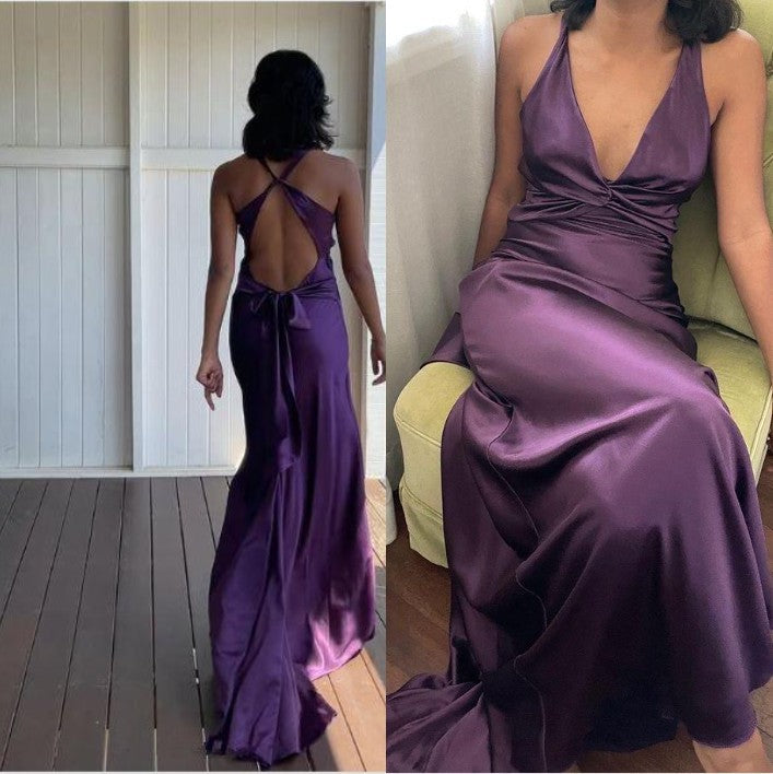 Simple Yellow A-Line Long Prom Dress For Party&Guest-V Neck Satin Beautiful Backless Formal Evening Dress