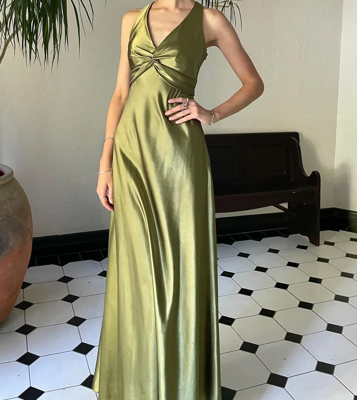Simple Yellow A-Line Long Prom Dress For Party&Guest-V Neck Satin Beautiful Backless Formal Evening Dress