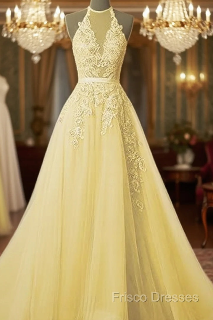 Simple Yellow Lace Formal Prom Dress With Beading Main image