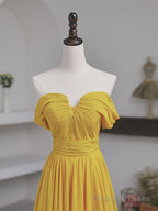 Simple Yellow Off Shoulder Long Prom Dress, Yellow Chiffon Graduation Dresses