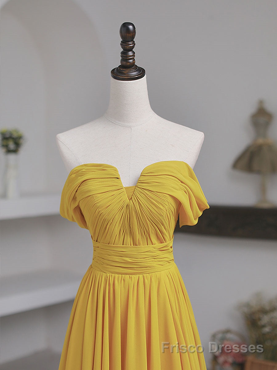 Simple Yellow Off Shoulder Long Prom Dress, Yellow Chiffon Graduation Dresses