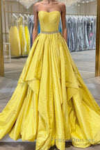Simple yellow satin long Formal Prom Dresses yellow evening Dresses