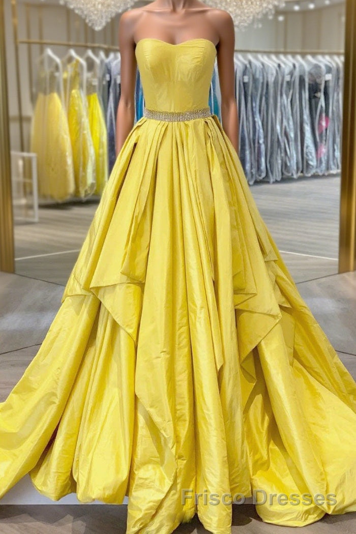 Simple yellow satin long Formal Prom Dresses yellow evening Dresses