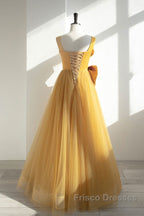 Simple Yellow Tulle Long Formal Prom Dress, Yellow Tulle Formal Dress