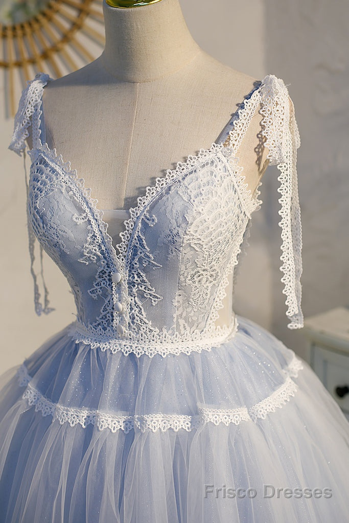 Sky Blue A Line Tulle Lace V Neck Homecoming Dress Secondary image