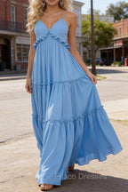 Sky Blue A-line V Neck Sleeveless Floor-Length Chiffon Prom Dress Long Prom Dresses Backless with Pleated Ruffles