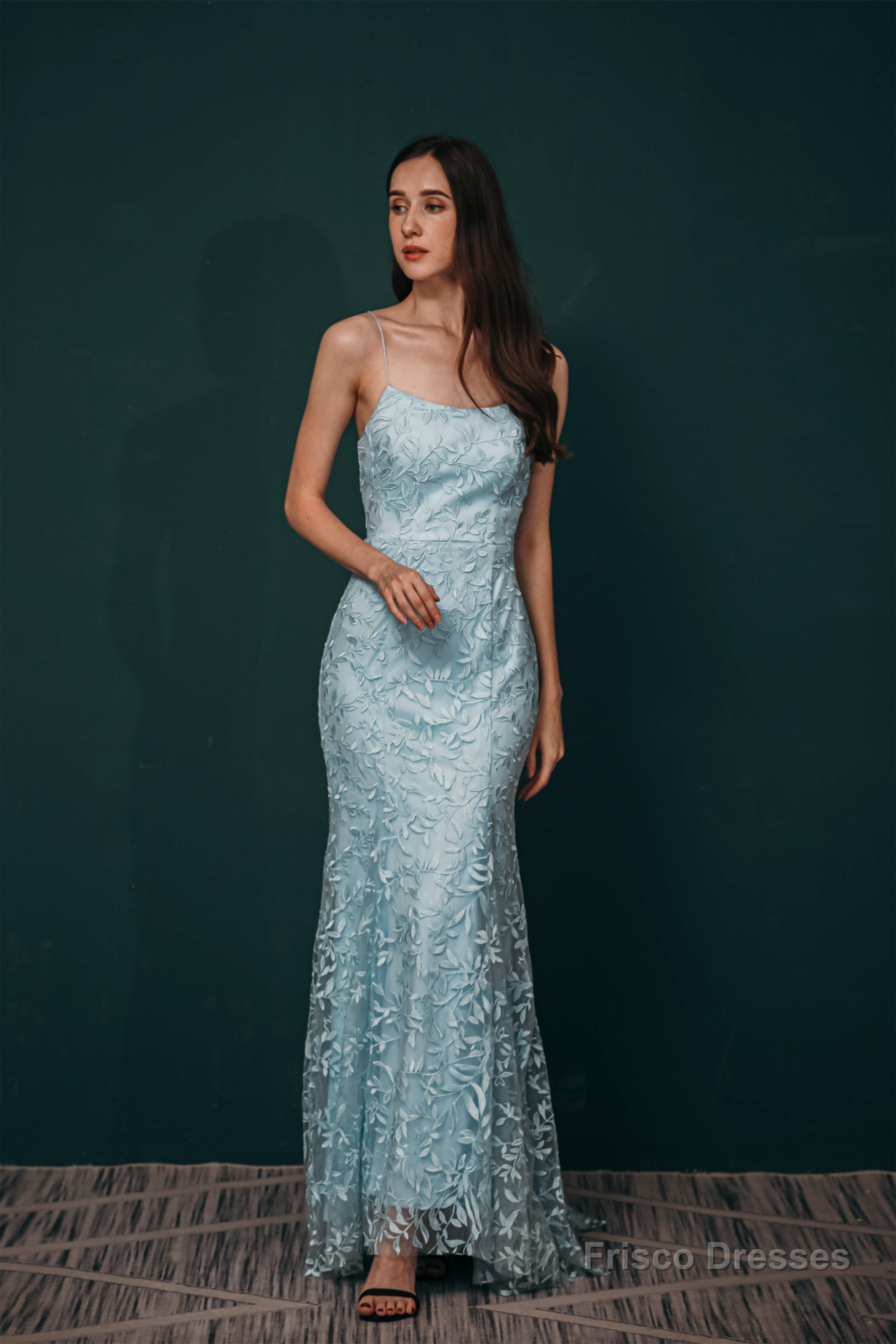 Sky Blue Backless Long Lace Spaghetti Straps Prom Dresses Secondary image