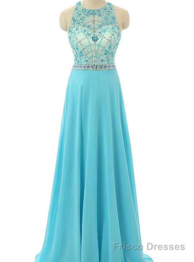 Sky Blue Beaded Prom Dresses Beading Formal Dresses Sheer Evening Gowns Main image
