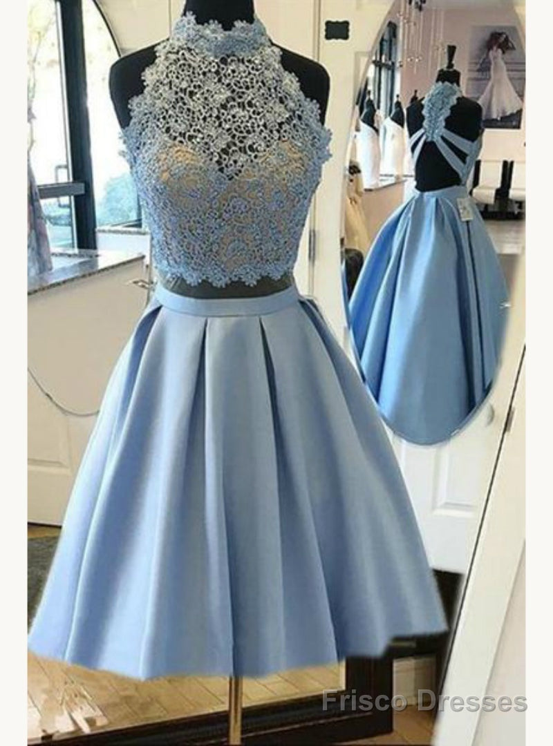 Sky Blue Halter Satin Two Piece Open Back Homecoming Dresses Main image