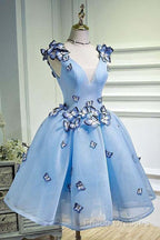 Sky Blue Homecoming Dress Butterfly Applique Short Formal Prom Dress