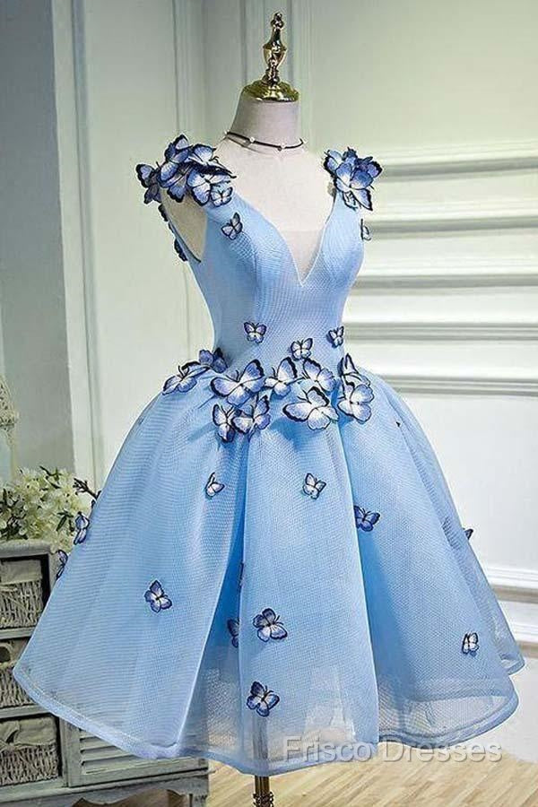 Sky Blue Homecoming Dress Butterfly Applique Short Formal Prom Dress