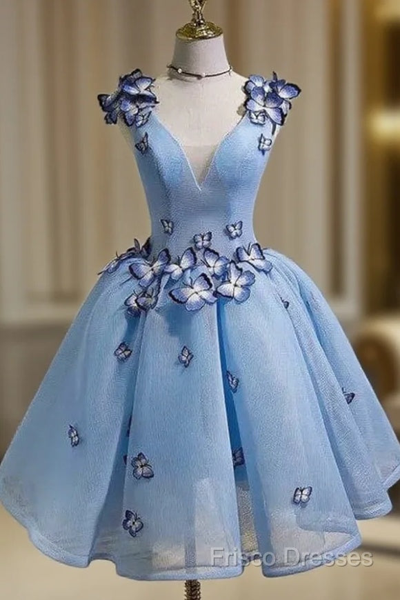 Sky Blue Homecoming Dress Butterfly Applique Short Formal Prom Dress
