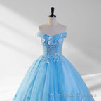 Sky Blue Lace Dress 3D Flowers Quinceanera Dresses with Train