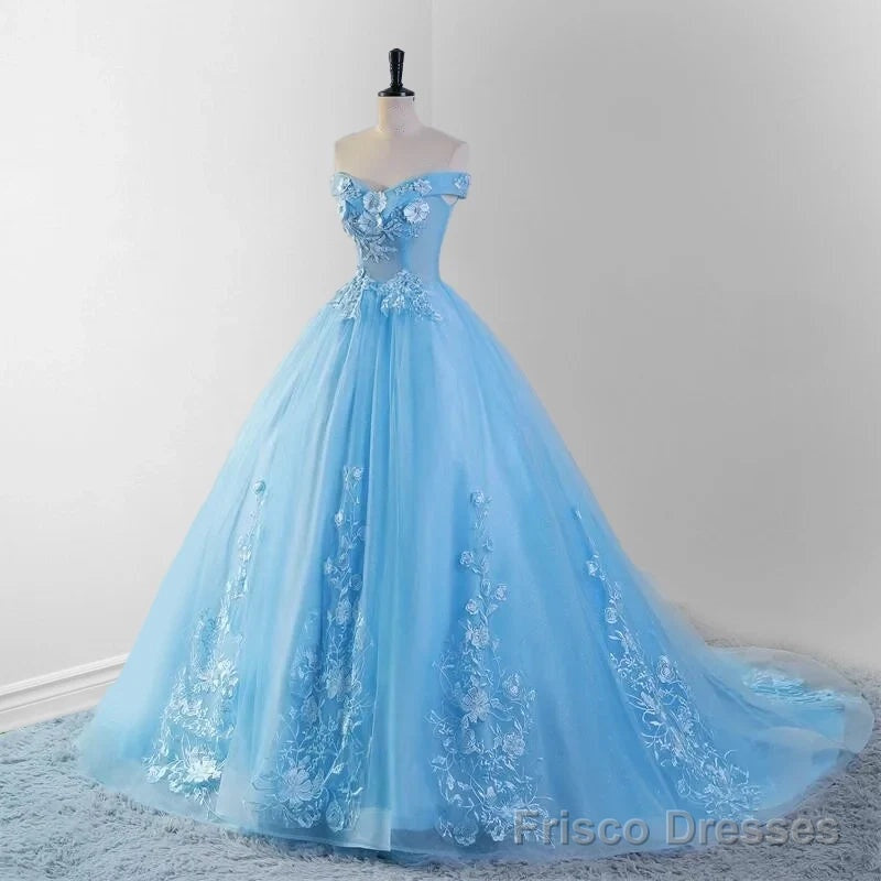 Sky Blue Lace Dress 3D Flowers Quinceanera Dresses with Train