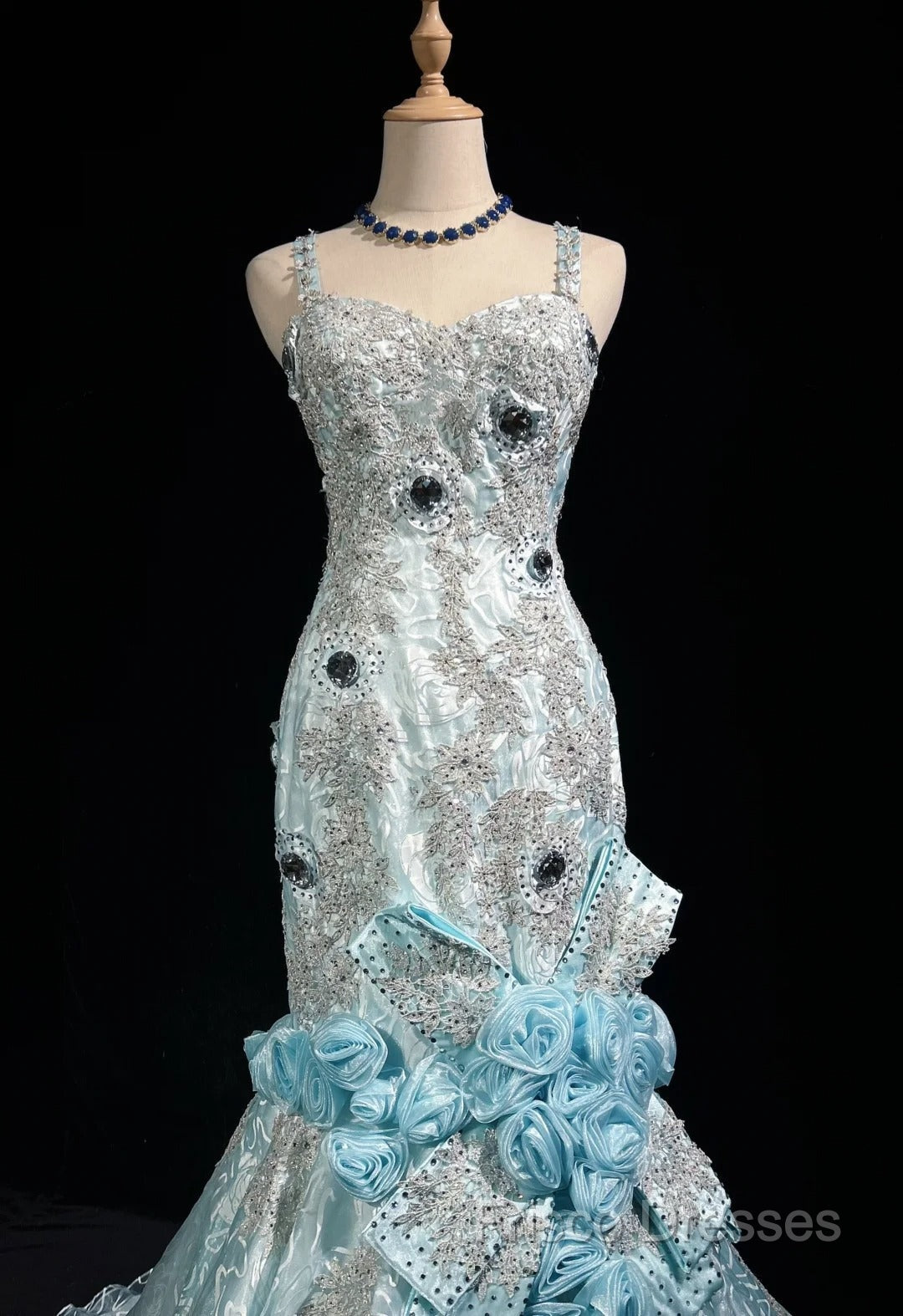 Sky Blue Mermaid Spaghetti Straps Organza Diamond Long Formal Prom Dress Lace Floral Formal Gown