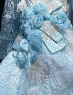 Sky Blue Mermaid Spaghetti Straps Organza Diamond Long Formal Prom Dress Lace Floral Formal Gown