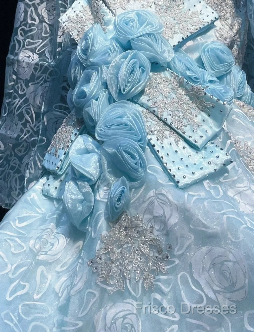 Sky Blue Mermaid Spaghetti Straps Organza Diamond Long Formal Prom Dress Lace Floral Formal Gown