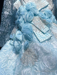 Sky Blue Mermaid Spaghetti Straps Organza Diamond Long Prom Dress Lace Floral Evening Gown